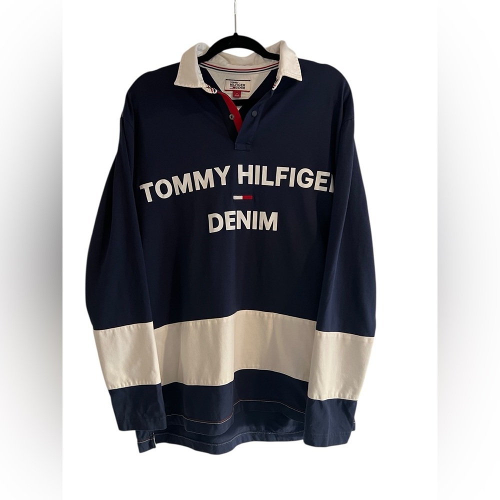 Tommy Hilfiger 100% Cotton Long Sleeve Navy & White Rugby Color Block Polo- Sz M